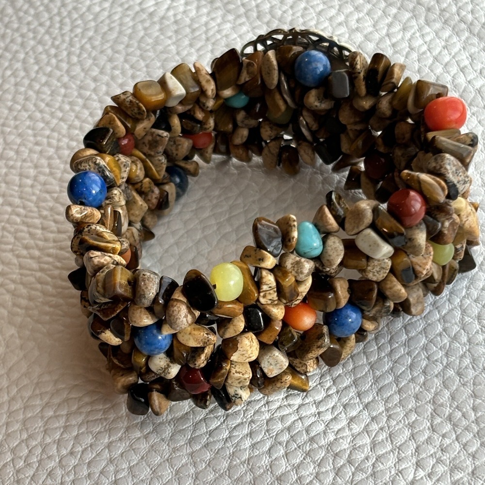 Vintage CAROLYN POLLACK Bracelet 925 Jasper Tiger's Eye Cluster Stretchy Mosaic - Picture 3 of 9